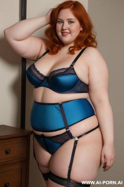 Half-length photo, ((half body photo shot)) as a set in the laundry area, a fat (((very obese))) chubby fat thick and bbw redhead british. she has lovehandless and a soft medium tummy. ((she - ai-porn.ai - Britain on pornintellect.com