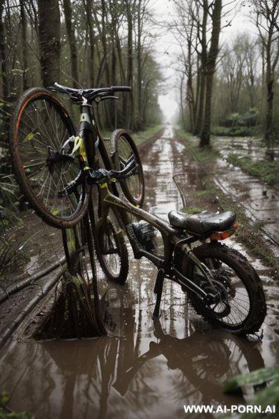 Abandoned bike, bike is lying around, bike lying in the mud, bike fell, bicycle that fell into the mud (bike really lying in the ground) (( - ai-porn.ai on pornintellect.com