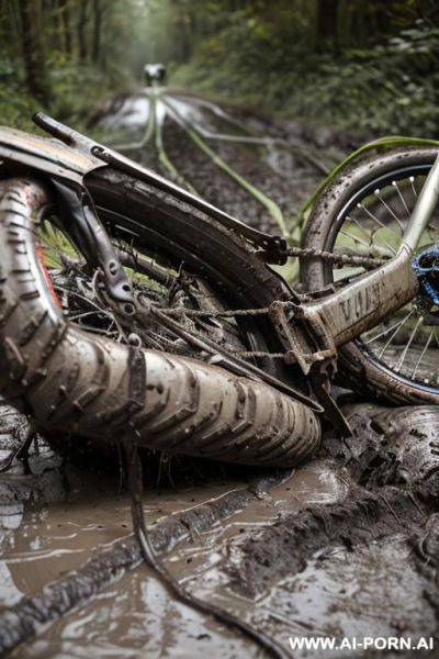 Accident, abandoned bike, bike is lying around, bike lying in the mud, bike fell, bicycle that fell into the mud (bike really lying in the ground) ((bike lies on its side)) - ai-porn.ai on pornintellect.com