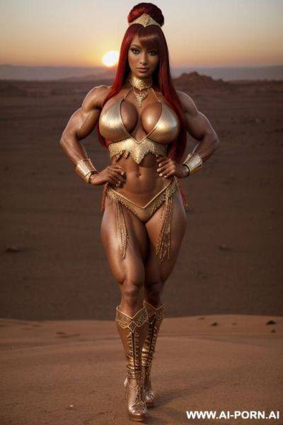 Busty black muscular woman toned with gigantic breast implants. metallic red tall lace high heels. (big bell shaped boobs). metallic red choker, earrings, ankle chain, thigh chain. oiled. punk hairstyle. no bra. - ai-porn.ai on pornintellect.com