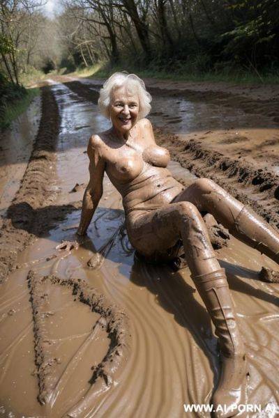 Naked granny lying in the mud, bicycle lies nearby (granny fell off the bike into the mud) - ai-porn.ai on pornintellect.com