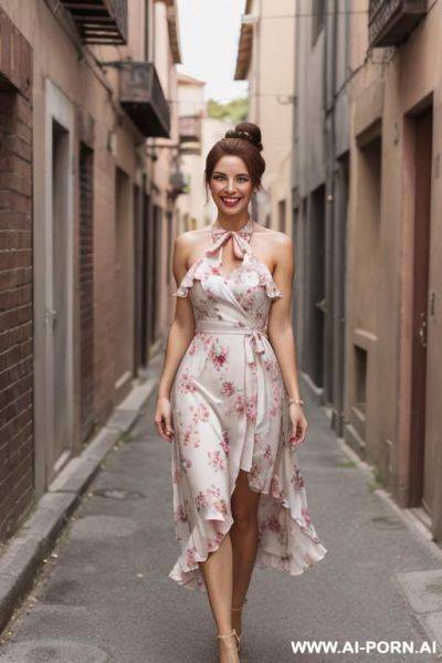 Eye contact, very real, very long hair, white skin , hourglass voluptuous lady, light background, mild lipstick, pink floral print pleated a-line tie-strap vacation dress with ruffle hem, halter - ai-porn.ai on pornintellect.com