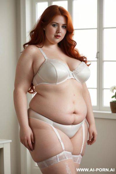 Half-length photo, ((half body photo shot close up)). as a set in the laundry area, a (((very obese))) fat chubby fat thick and bbw redhead british, she is washing clothes and is soaked in - ai-porn.ai - Britain on pornintellect.com