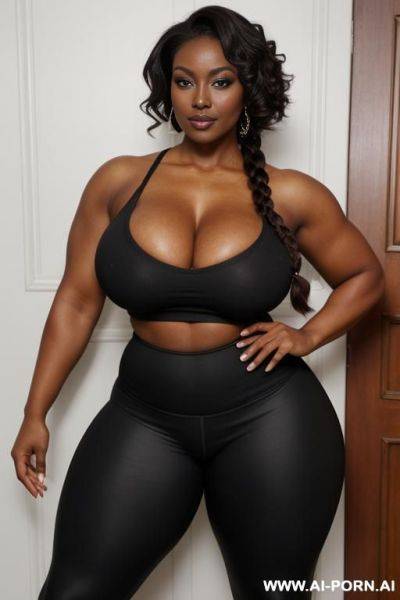 Sexy bimbo milf, thot, really dark black skin, deep dark black skin color, ultra thicc, bulked up thighs, tight shirt, extremely gigantic boobs, perfect eyes - ai-porn.ai on pornintellect.com