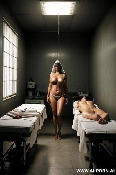 Dark night (real darkness, low light) ((totally gloom)), morgue (cold, dark quiet room) ((room for storing deceased individuals)) ((many adults bodies in the transparent bags on the tables)), one - ai-porn.ai on pornintellect.com