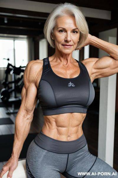 Matured old milf, wrinkles, wrinkled skin, aging marks, bulked up thighs, tight sport shorts ,tight shirt - ai-porn.ai on pornintellect.com