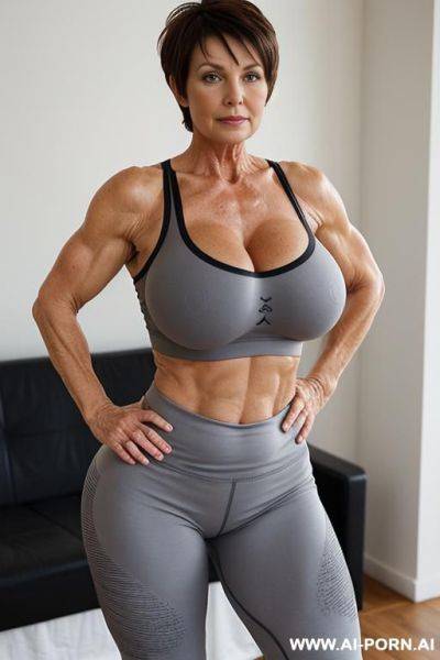 Matured old milf, wrinkles, wrinkled skin, aging marks, bulked up thighs, tight sport shorts, tight shirt, extremely gigantic boobs - ai-porn.ai on pornintellect.com