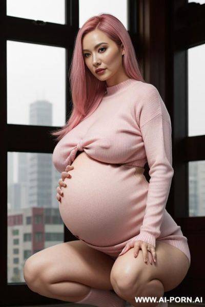 Sexy woman with pink hair and huge breasts wearing a tight striped pink and white sweater, massive pregnant stomach, thick legs - ai-porn.ai on pornintellect.com