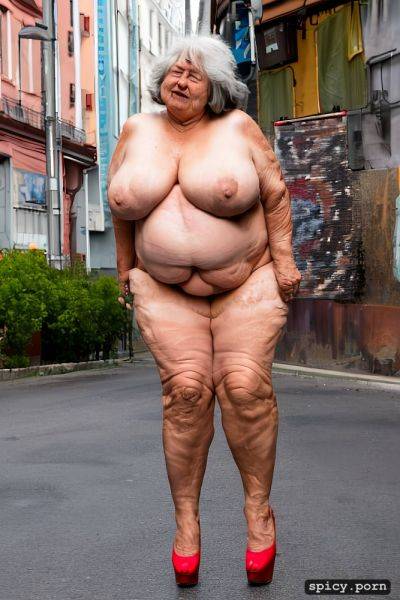 Shaggy fat boobs, ultra realistic, 75 years old lady, face, in the busy street - spicy.porn on pornintellect.com