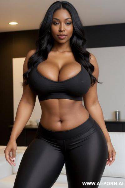 Bimbo milf, really black skin (black like coal) ((most black colour of skin)), bulked up thighs, tight sport shorts, tight shirt, extremely gigantic boobs, long straight hair, perfect eyes - ai-porn.ai on pornintellect.com