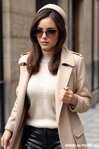 Psy sexy brune à lunettes portant un imperméable beige - ai-porn.ai on pornintellect.com