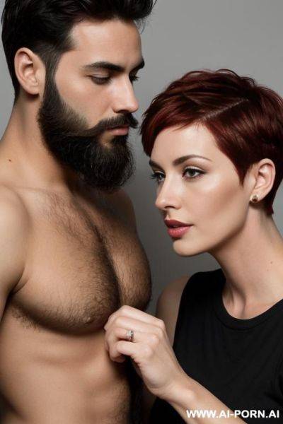 A woman having sex with a man. she has red and short hair, him has a black and short hair with some beard - ai-porn.ai on pornintellect.com