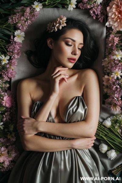 A woman lying among flowers, her gaze deep and captivating.flower petals tered on her skin—shoulders, arms, and even her face.one hand gently holding a flower close to her lips, as if savoring - ai-porn.ai on pornintellect.com