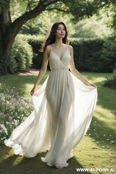 A dress of flowersa woman naturally merges with nature, as if flowers are blooming from her body. soft chiffon or silk blends with petals, forming a delicate gown. subtle revealing enhances - ai-porn.ai on pornintellect.com