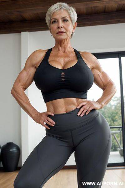 Matured old milf, wrinkles, wrinkled skin, aging marks, bulked up thighs, tight sport shorts, tight shirt, extremely gigantic boobs - ai-porn.ai on pornintellect.com