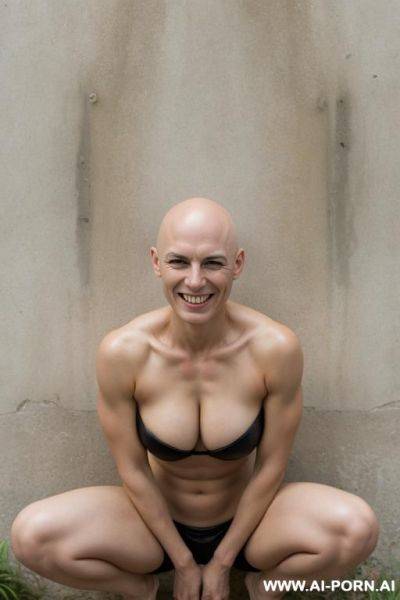 0s tough english skin-head-woman, bald with long bangs in front, squatting at wall grinning - ai-porn.ai - Britain on pornintellect.com