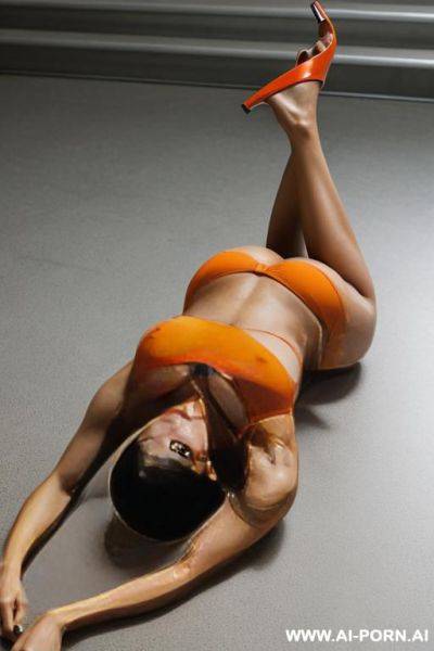 Indian, short hair, fit, abs, muscular arms, big ass, tall, long legs, navel piercing, orange bra, orange pleat skirt, looking at camera, full body, stiletto, lying facedown on ground on stomach, ass view, ass up - ai-porn.ai - India on pornintellect.com