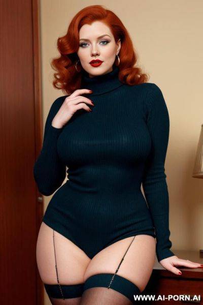 S. 1. vintage, retro. 1. ginger hair. curvy, busty, voluptuous body. red nails. lipstick. hugging turtleneck sweater. blue eyes. full body shot. cutie babe face. short. seductive look. big natural breasts. prostitute. - ai-porn.ai on pornintellect.com