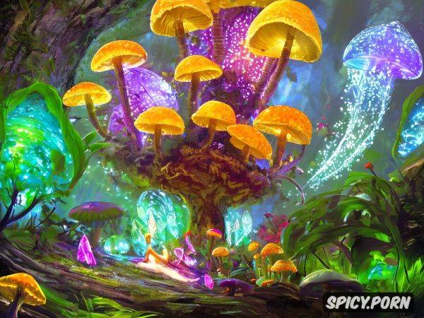 Magic mushrooms glowing in the dark, fantastic scene, high quality picture - spicy.porn on pornintellect.com