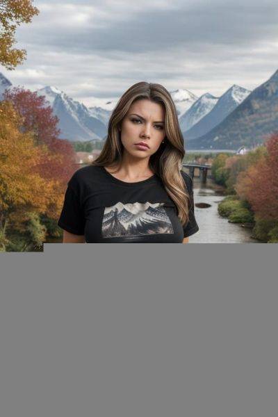 ((brunette with blonde highlights)) ((saggy boobs)) ((standing on bridge over river)) ((lake with houses, trees, and mountains in background)) ((wearing jeans and black t-shirt)) ((looking angry)) - ai-porn.ai on pornintellect.com