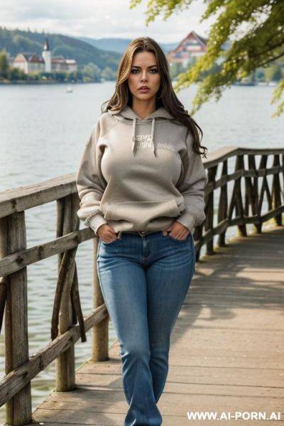 ((brunette with blonde highlights)) ((saggy boobs)) ((wearing jeans and sweatshirt)) ((standing on boardwalk by lake)) ((trees and austrian houses in background)) ((looking angry)) - ai-porn.ai - Austria on pornintellect.com