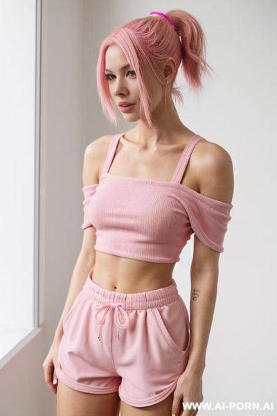 Woman with pink hair in a ponytail. dressed in a pink tubetop, that shows underboob, and pink short shorts. - ai-porn.ai on pornintellect.com