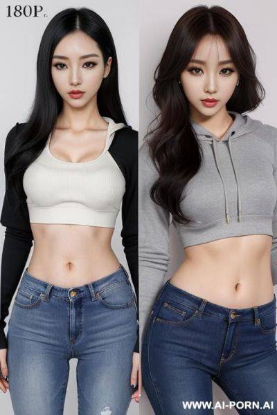 Jav, waist, hour glass figure, round firm breast, faces, high definition, hour glass shaped body, multiple women, two women, woman one on the left, woman two on the right, detailed faces, beautiful faces, waist high jeans, crop hoodie, short hoodie, - ai-porn.ai on pornintellect.com
