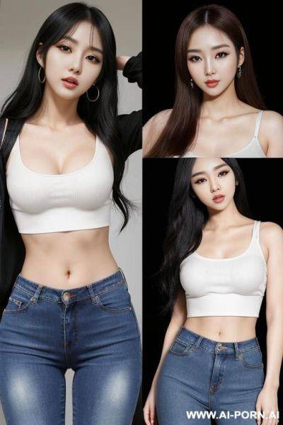 Jav, waist, hour glass figure, round firm breast, faces, high definition, hour glass shaped body, multiple women, two women, woman one on the left, woman two on the right, woman three in - ai-porn.ai on pornintellect.com