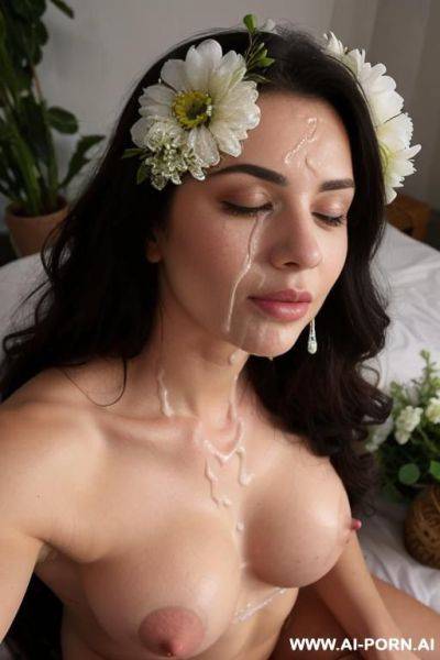 A woman lying among flowers, her gaze deep and mysterious. petals caress her skin as she holds a blossom near her lips. shws and soft light enhance her allure, veiling her in an air of secrecy. - ai-porn.ai on pornintellect.com