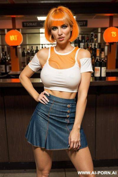 ((blonde bimbo)), ((denim skirt)), ((white shirt)), ((red platform heels)), ((bar)), standing up, ((surrounded by old men)) - ai-porn.ai on pornintellect.com