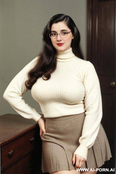 170s. 171. 170s style. retro, vintage. 18 years old nerd. busty, curvy, big natural breasts. cutie babe face. slutty. turtleneck sweater and skirt. simpleton. . - ai-porn.ai on pornintellect.com