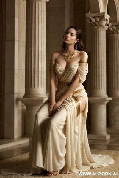 Pose: the woman reposes gracefully on her side, evoking the elegance of a greek goddess. one arm rests under her head or delicately drapes across her body, while the other exds in a - ai-porn.ai - Greece on pornintellect.com