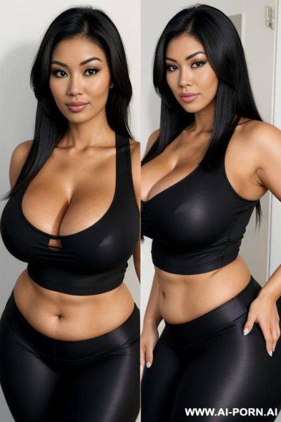 Sexy bimbo milf, aged milf, matured milf, thot, really dark black skin, deep dark black skin color, half black half asian, ultra thicc, bulked up thighs, tight shirt, extremely gigantic boobs, long straight hair, perfect eyes - ai-porn.ai on pornintellect.com