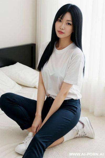Japanese woman, , black hair, straight hair, white t-shirt, blue pants, bedroom, shoes, beautiful - ai-porn.ai - Japan on pornintellect.com