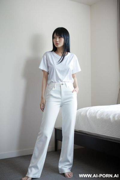 Japanese woman, 2, black hair, straight hair, white t-shirt, blue pants, bedroom, standing, medium shot - ai-porn.ai - Japan on pornintellect.com