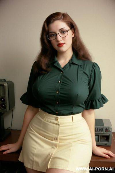 170s nerd 18 years old. vintage, retro. thick, busty. . skirt and shirt. huge natural boobs. cutie babe face. slutty. - ai-porn.ai on pornintellect.com