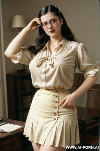 172. vintage, retro. 170s style. 170s nerd 18 years old lady. sexy. , simpleton, neutral facial expression. busty, thick, huge natural breasts. shirt and skirt. slutty. - ai-porn.ai on pornintellect.com