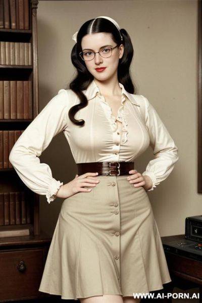 172. vintage, retro. 170s style. 170s nerd 18 years old lady. sexy. , simpleton, neutral facial expression. busty, thick, huge natural breasts. shirt and skirt. slutty. sloppy. - ai-porn.ai on pornintellect.com