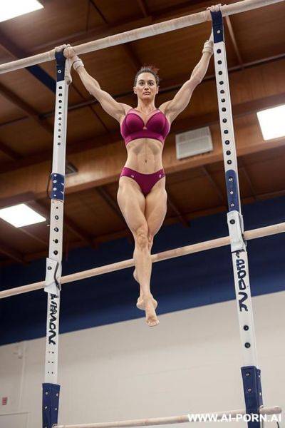An mature gymnast performs exercises on a gymnastics beam, topples (no bra!) ((only panties)), full body vision - ai-porn.ai on pornintellect.com