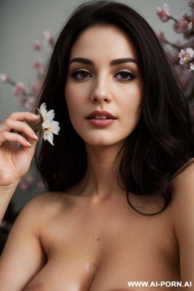 Naked woman lying among flowers, her gaze deep and mysterious. petals caress her skin as she holds a blossom near her lips. shws and soft light enhance her allure, veiling her in an air of secrecy. naked - ai-porn.ai on pornintellect.com