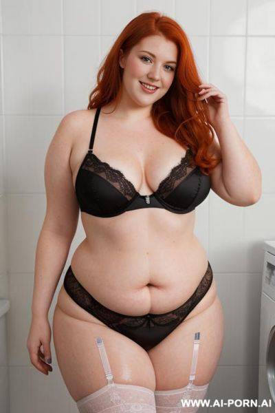 Half-length photo, as a setting in the laundry area, a fat ((obese)) chubby fat thick and bbw redhead british, she is washing clothes and is soaked in foamy water. she has lovehandless and - ai-porn.ai - Britain on pornintellect.com