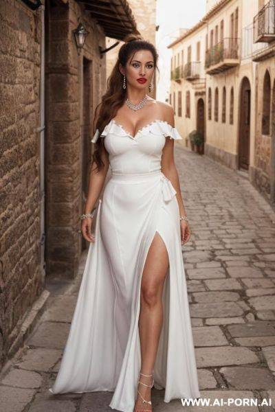 Very real, very long hair, white skin , hourglass voluptuous lady, light background, mild lipstick, privé contrast binding ruffle trim tube top & ditsy floral wrap hollow maxi skirt maxi . front full view camera. - ai-porn.ai on pornintellect.com