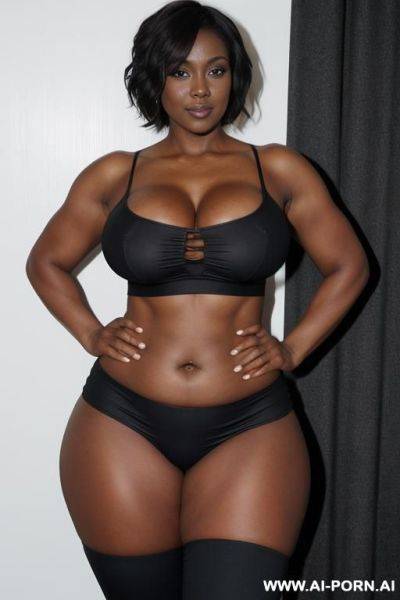 Sexy bimbo milf, aged milf, matured milf, thot, really dark black skin, deep dark black skin color, ultra thicc, bulked up thighs, extremely gigantic boobs, perfect eyes, topless, topless, topless - ai-porn.ai on pornintellect.com