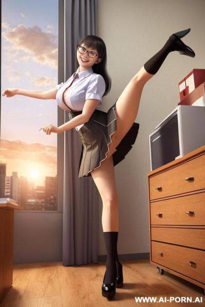 Low hanging breasts, extreme hourglass figure, orange sweater dress , eyeglasses - ai-porn.ai on pornintellect.com