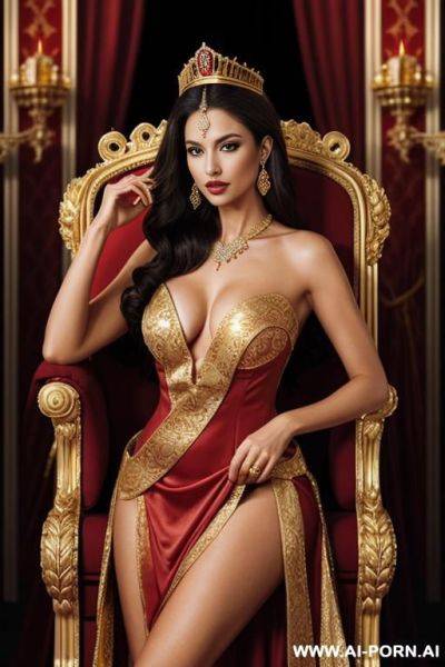 Royalty, queen, crown, tiara, gold, guilded, revealing clothes, red dress - ai-porn.ai on pornintellect.com