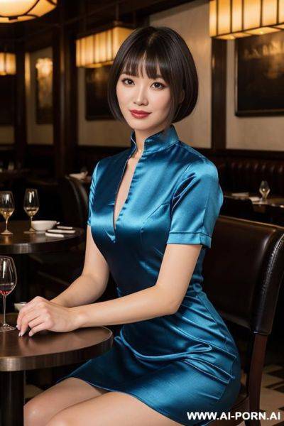 Blue satin chinese split dress with collar and short sleeves - ai-porn.ai - China on pornintellect.com