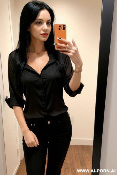 Woman long black hair orange blouse jeans selfie photo in the mirror - ai-porn.ai on pornintellect.com
