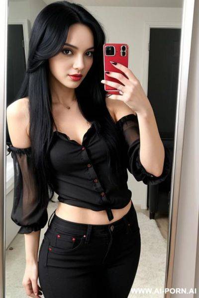 Woman long black hair red blouse jeans selfie photo in the mirror - ai-porn.ai on pornintellect.com