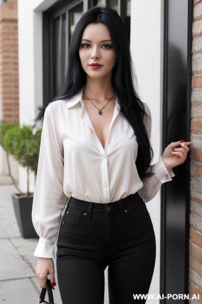 Woman long black hair red blouse jeans selfie - ai-porn.ai on pornintellect.com
