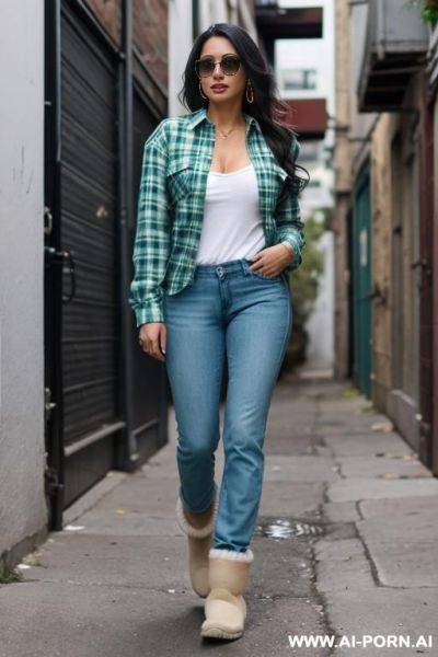 Latina wearing white uggs and blue jeans with fully opened green plaid shirt - ai-porn.ai on pornintellect.com